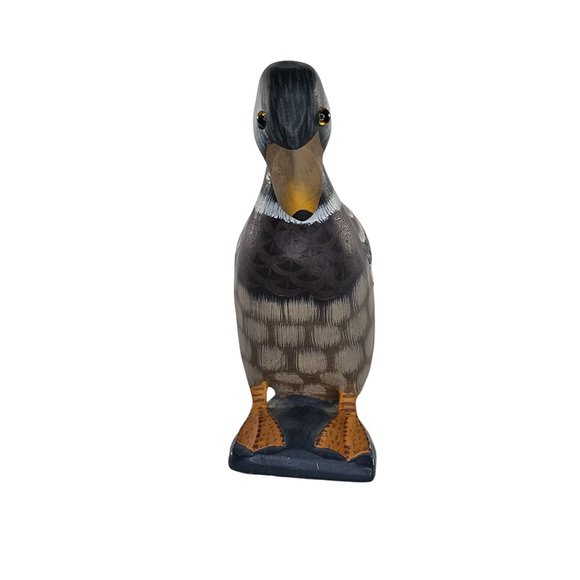 Vintage Carved Stone Duck Hand Painted Figurine Glass Eyes Head Tucked Bird - Picture 3 of 7